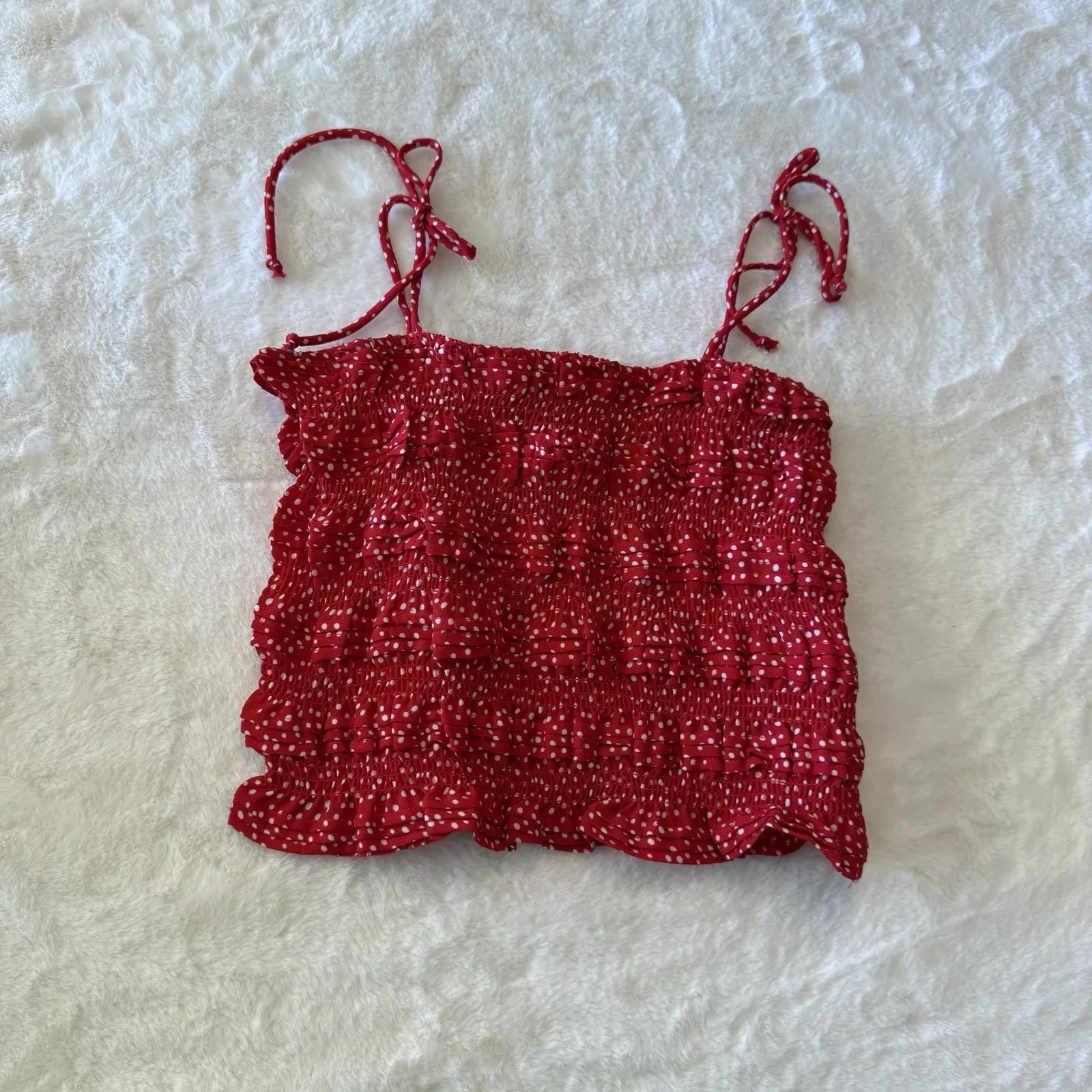 Storia Red White Polka Dot Ruffle Tank Top Ruched Cami‎ Size Large Coquette Cute - Image 2