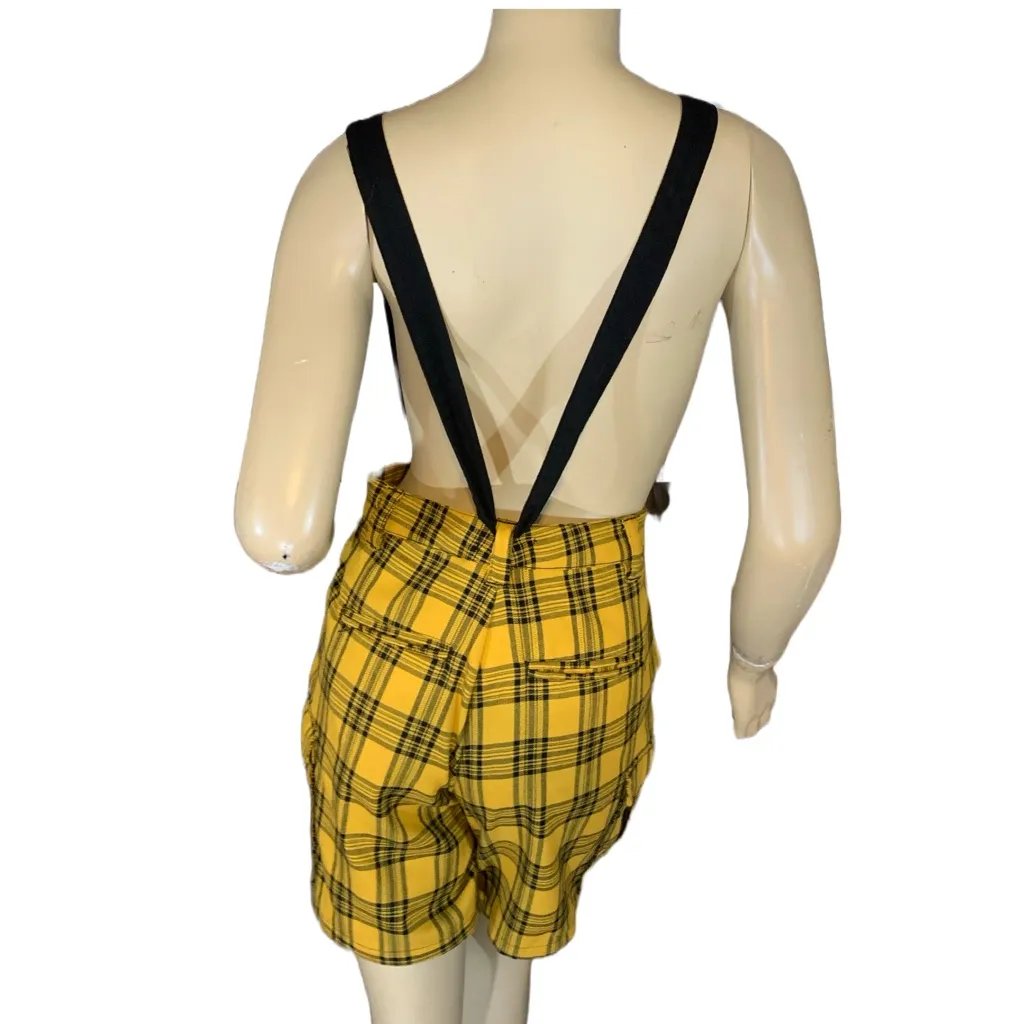 HOT TOPIC YELLOW & BLACK PLAID PLEATED FRONT CARGO SUSPENDER SHORTS (S) - Image 2
