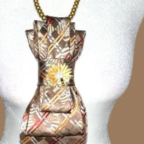 “Dainty Dapper”Brown Plaid Necktie with Gold floral and bee Brooch Brown - Image 3
