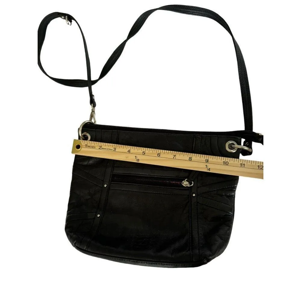 Stone Mountain Black Leather Crossbody Bag With Pink Lining & Multiple Pockets - Image 3