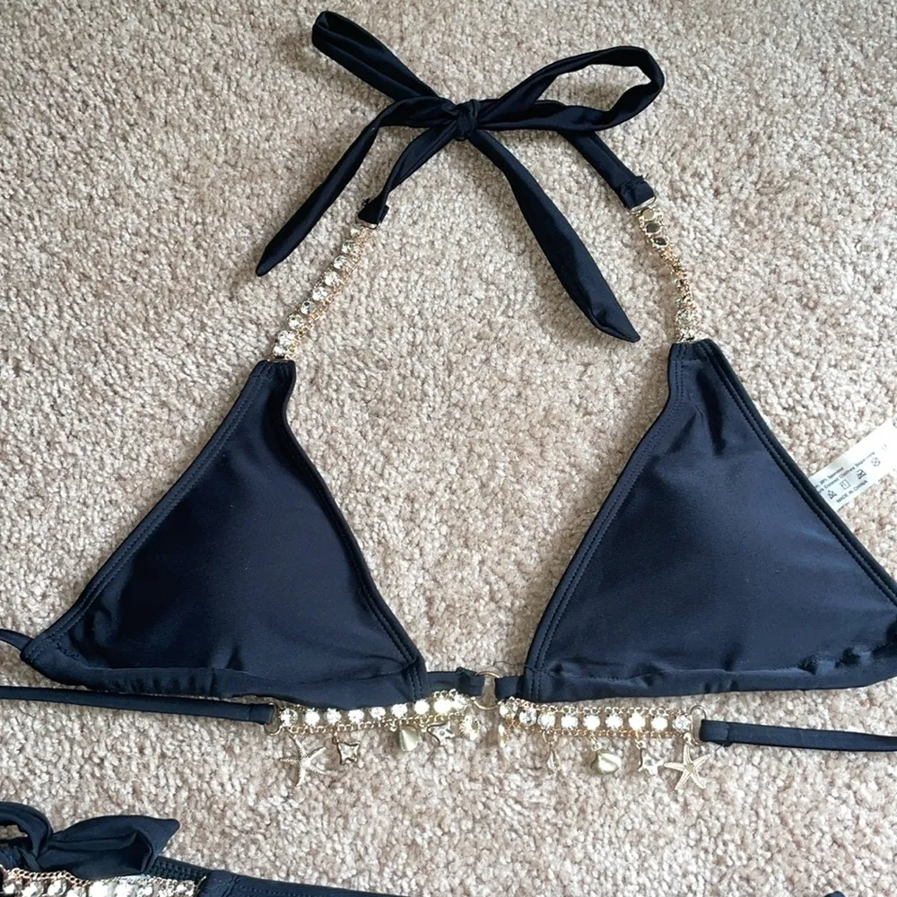 Black Bikini with Gold Chain Accents bling gem pieces size medium scrunch butt - Image 2