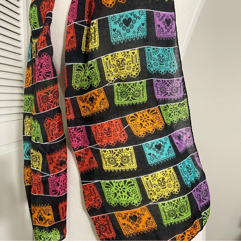 Multicolor Papel Picado Sheer Scarf Sugar Skulls Colorful Rainbow Banners Black - Image 2