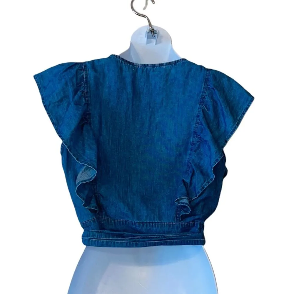 BP. Chambray tie waist ruffle sleeve crop top - Image 5