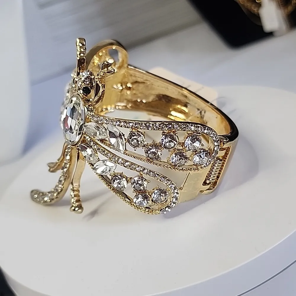 Gold Statement Hinge/ Clamper Bangle Bracelet Dragonfly with Clear Crystals New - Image 4