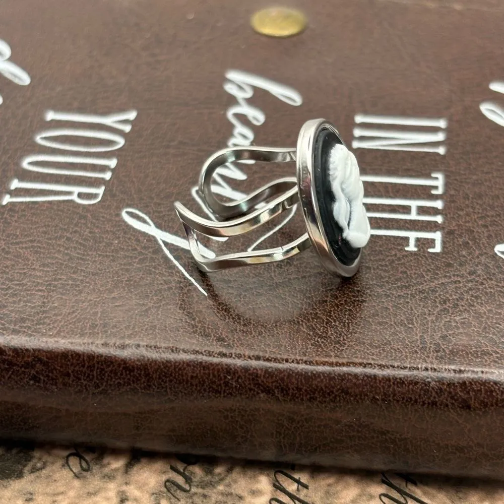 Handmade Black White Cameo Ring Victorian Stainless Steel Adjustable - Image 5