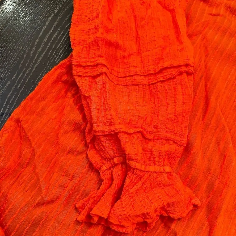 Torrid Size 1 Orange Tie Neck Peasant Blouse Long Sleeve Flounce Top Lightweight - Image 6