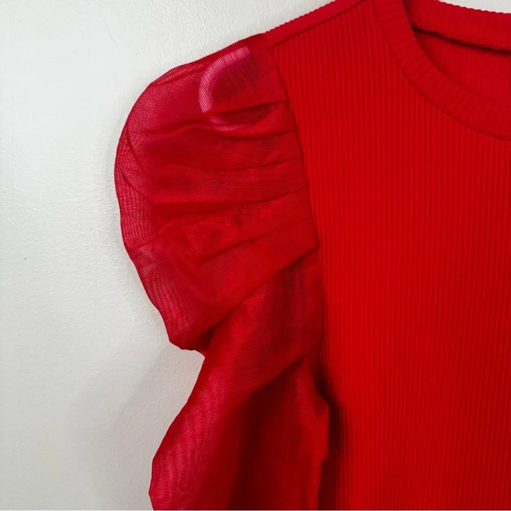 Dolan Anthropologie Shirt Womens Small Red Sheer Puff Sleeves Blouse - Image 5