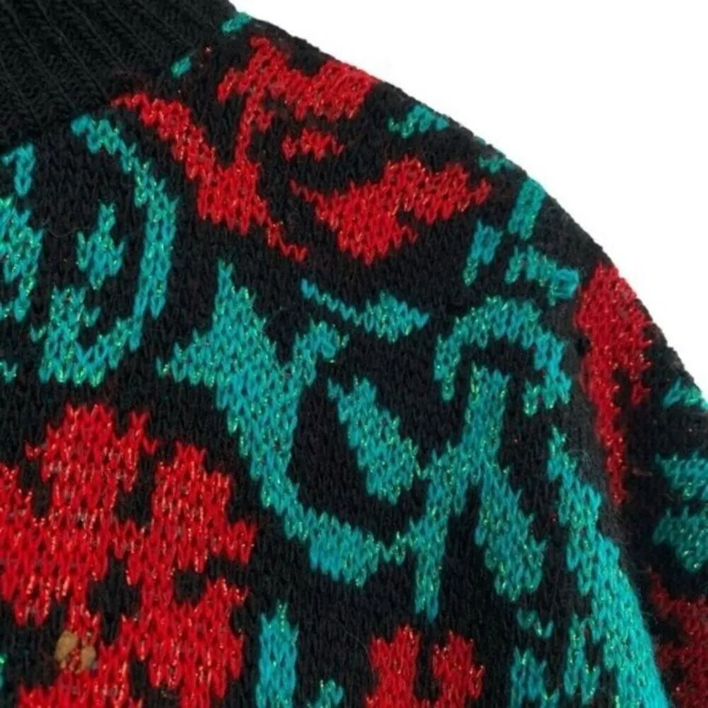 Vintage Beverly Goldberg 80s Metallic Red Rose and Teal Chunky Oversized Sweater Size 2X - Image 6