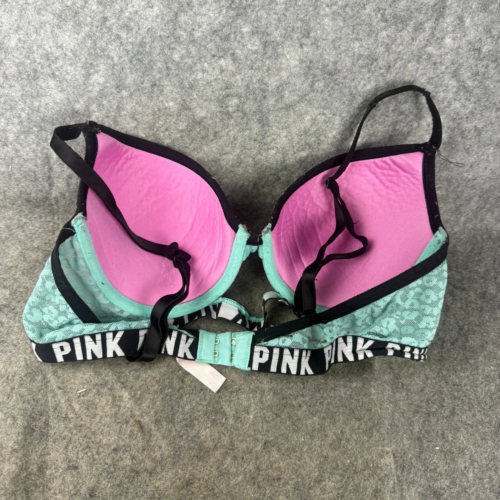 Victoria's Secret PINK Womens Push Up Bra 36C Aqua Lace Black White‎ Logo Band - Image 2