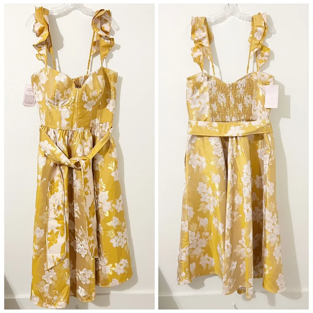 NWT V. Chapman Vera Ruffle Strap Corset Side Slit Midi Dress Gold Floral Sz 14 - Image 2