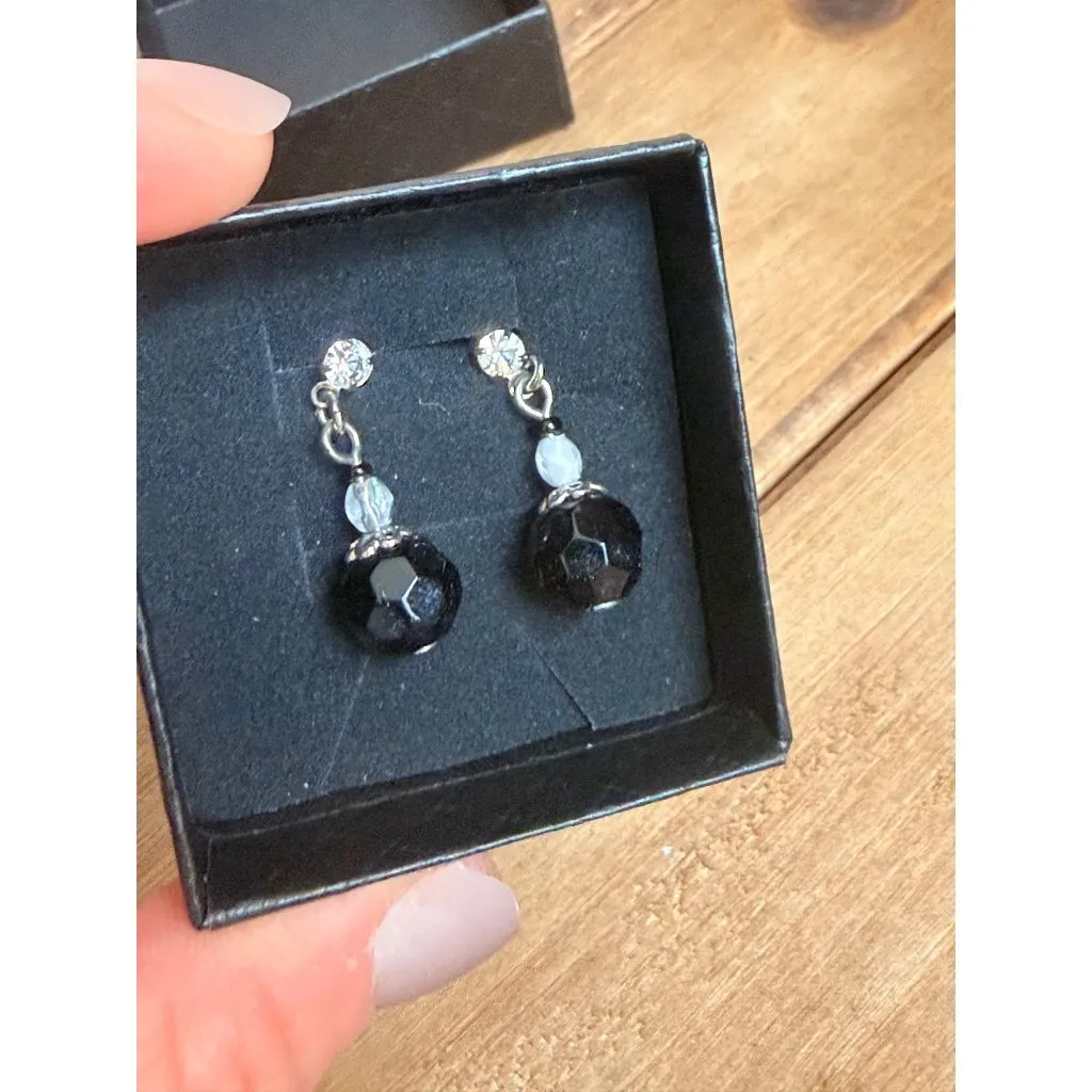 Black Crystal Drop Earrings With Rhinestone Accents In Gift Box - Image 2