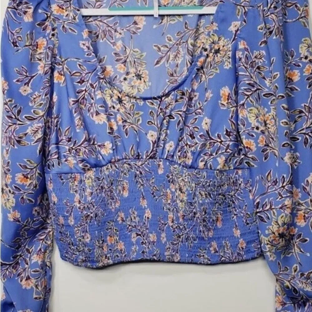 Free People Santiago Top Bluebell Combo Medium Floral Print Smocked Long Sleeve - Image 4