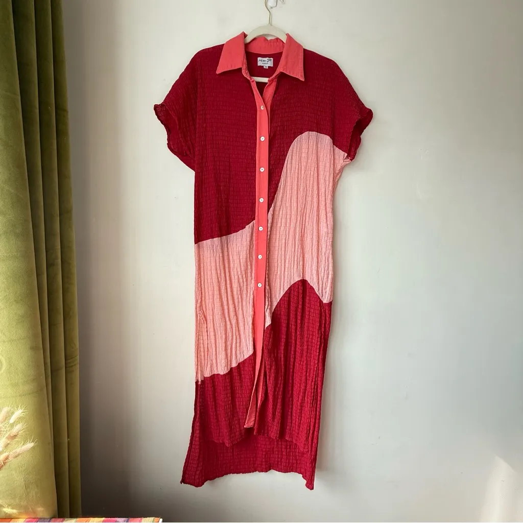 Margo Baridon Lilo Red & Pink Colorblock Midi Shirt Dress S - Image 5