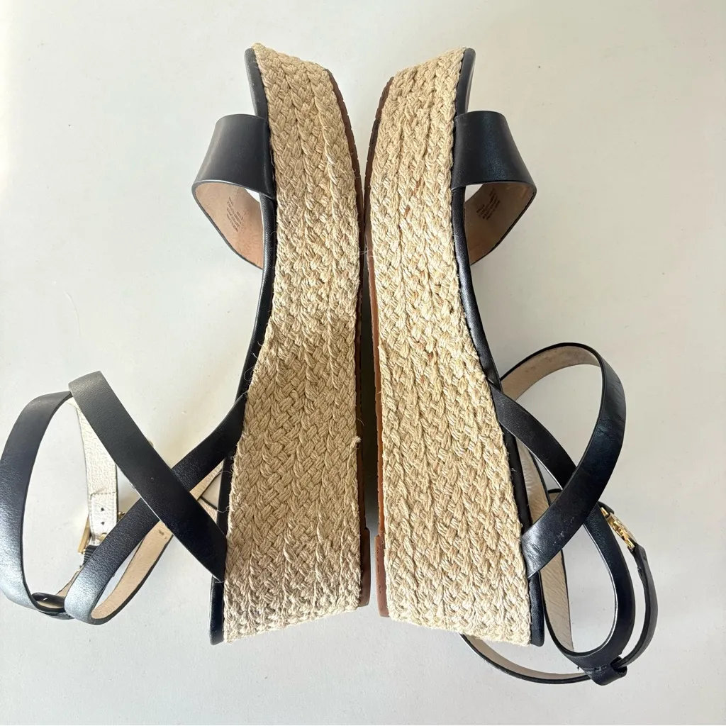 Michael Kors Women’s Black Leather Wedge Platform Sandals Ankle Strap Size 9.5 M - Image 7