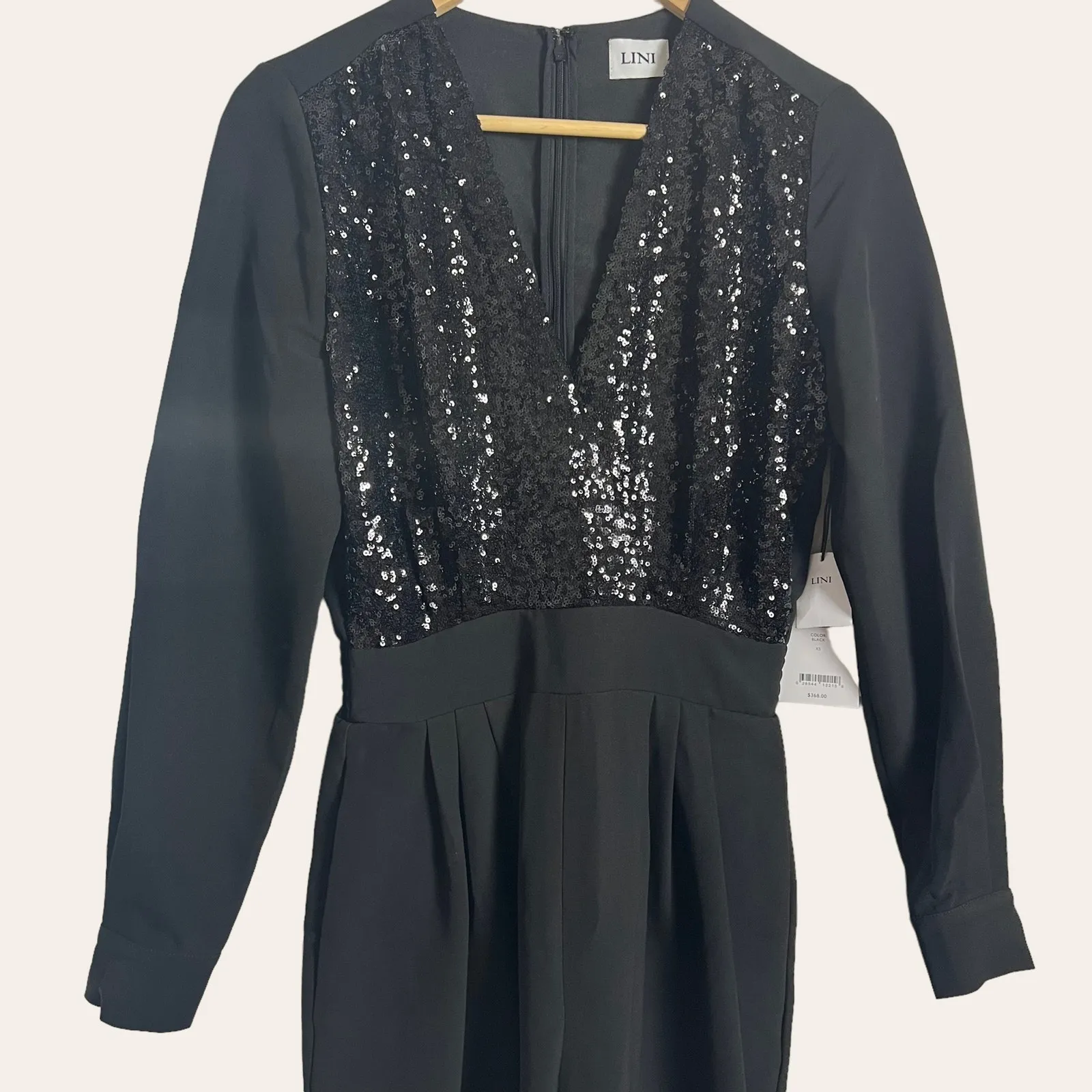 LINI Black Stella Sequin Faux Wrap Surplice Long Sleeve Party Jumpsuit Size XS - Image 4