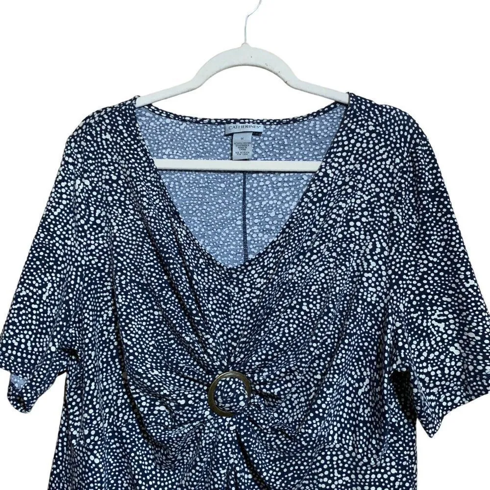 Catherines Womens Plus Size 1X Multicolor Polka Dot Cinched Scoop Neck Blouse - Image 2