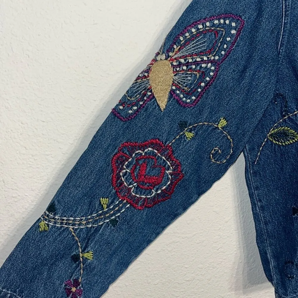 Vtg Womens Denim Jacket Shirt Petite Medium Floral Butterfly Embroidered Beaded - Image 6
