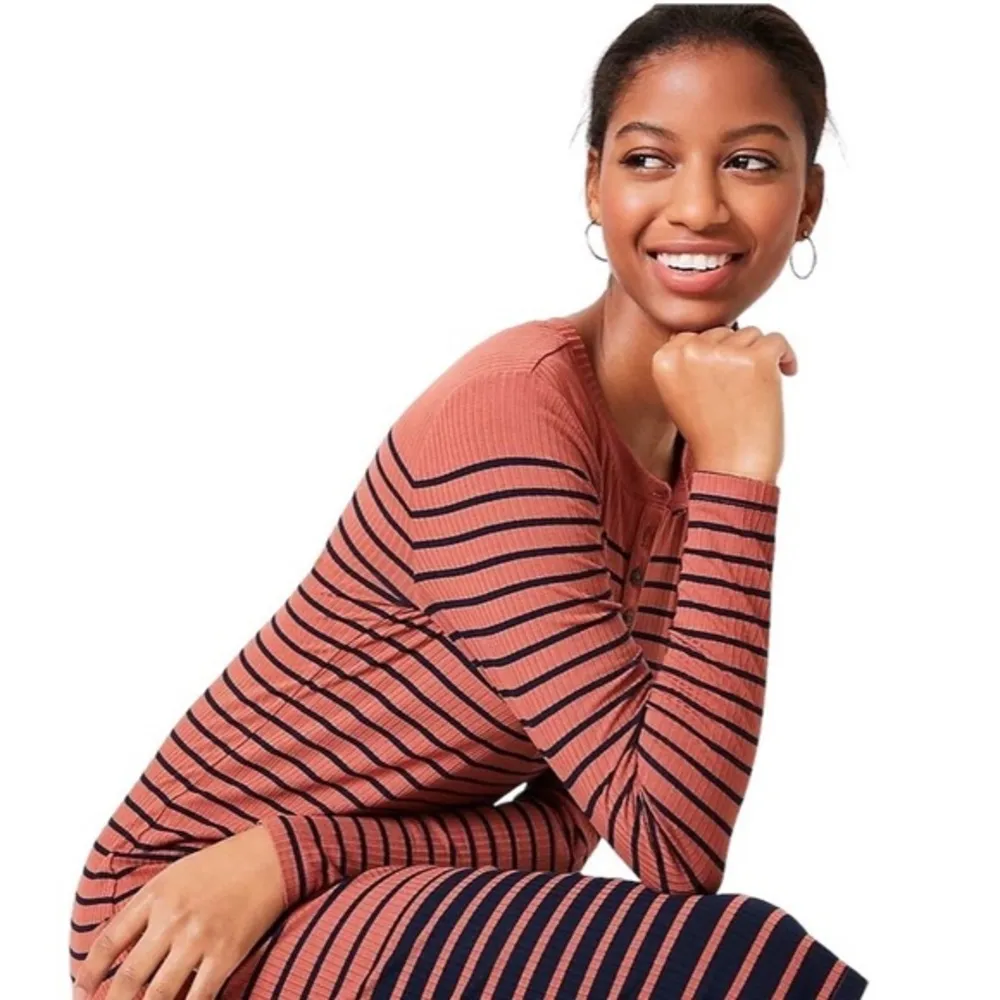 NWT LOFT Striped Long Sleeve Henley Midi Dress in Copper Red/Navy - Image 86