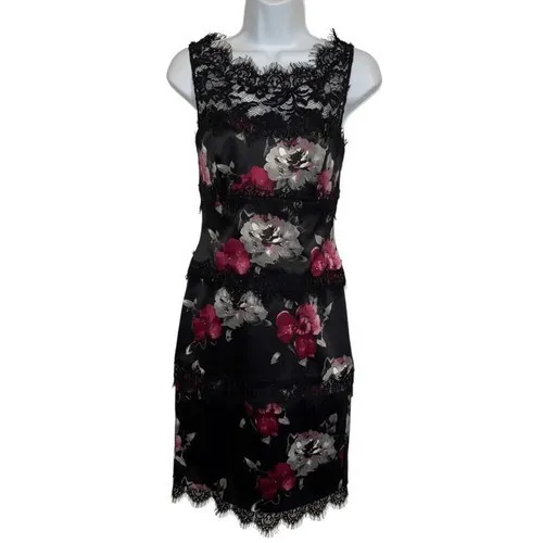 WHITE HOUSE BLACK MARKET Black Satin Floral Sheath Dress Lace Trim EUC Size‎ 00 - Image 2