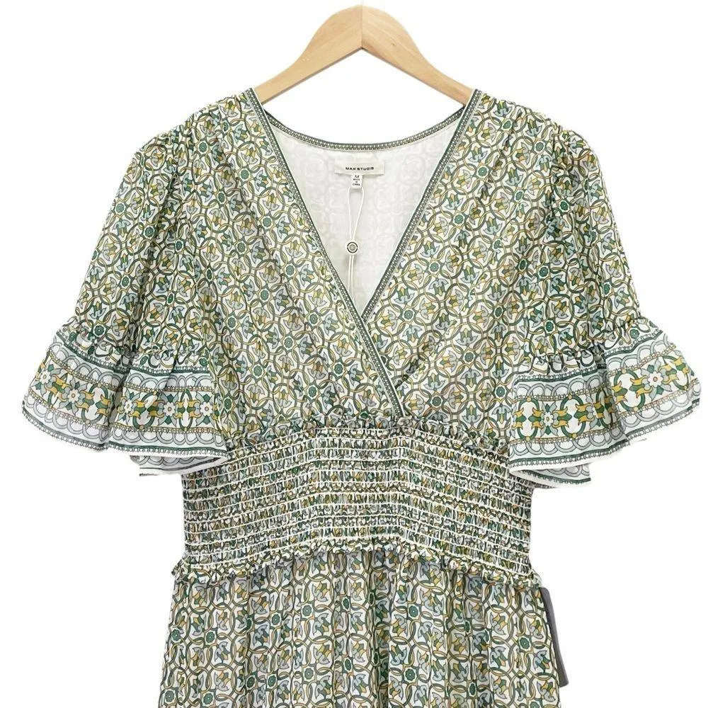 NWT Max Studio Tiered A-Line Flutter Sleeve Dress Cream Green Floral Size Medium - Image 6