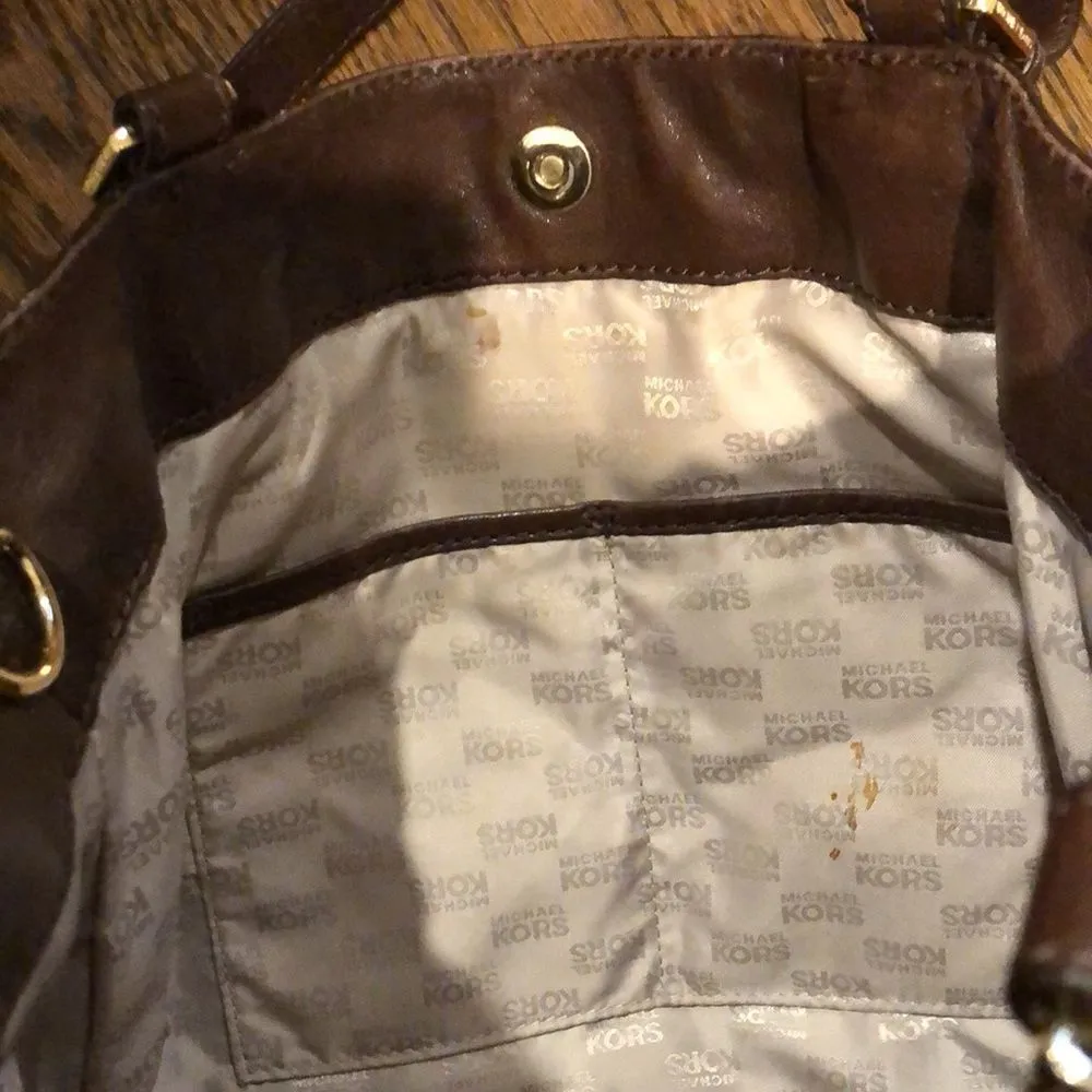 MICHAEL KORS Brown Leather Shoulder Bag Tote W Woven Leather & Gold Accents - Image 9