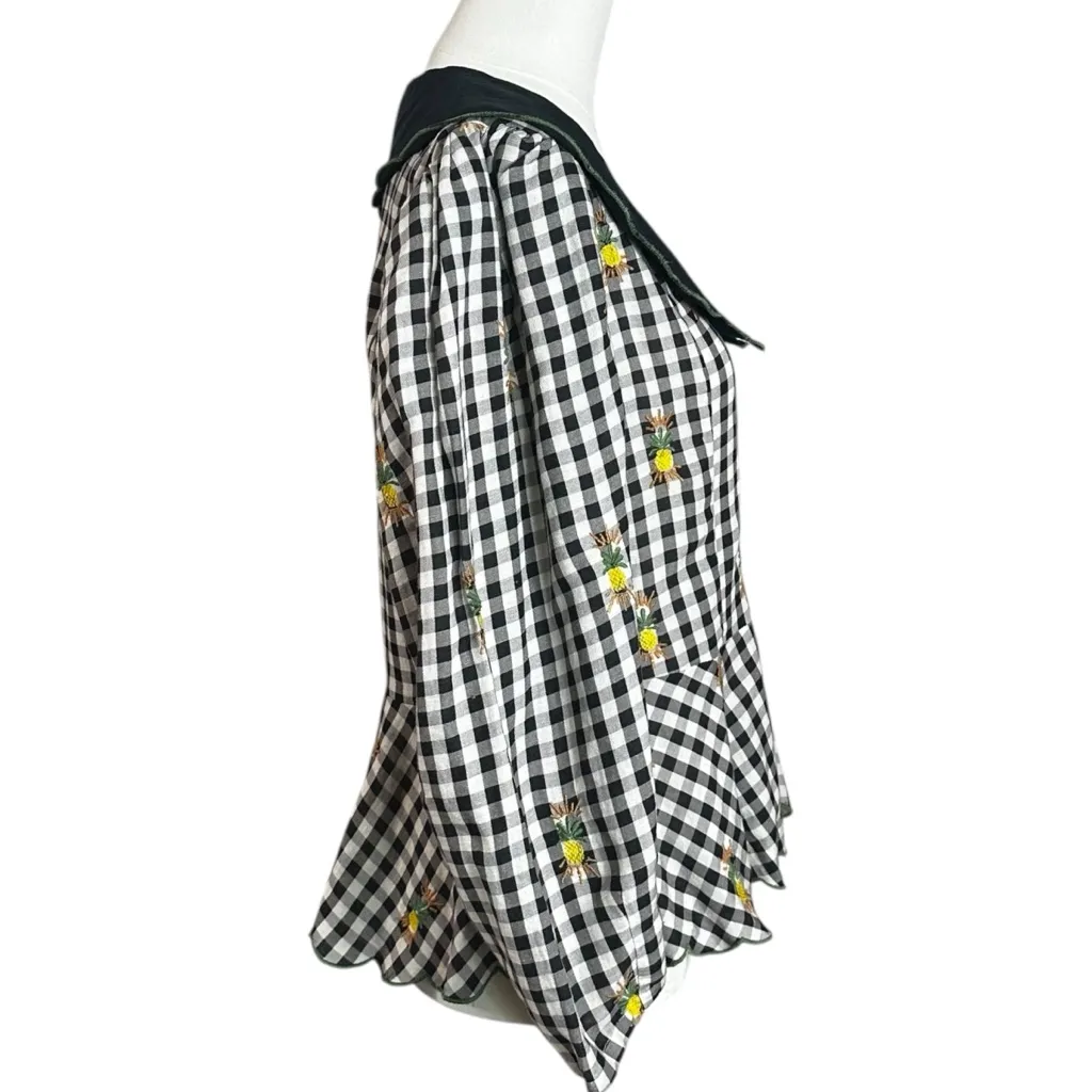 Farm Rio Cottage Linen Blend Peter Pan Collar Gingham Embroidered Top Size XL - Image 10