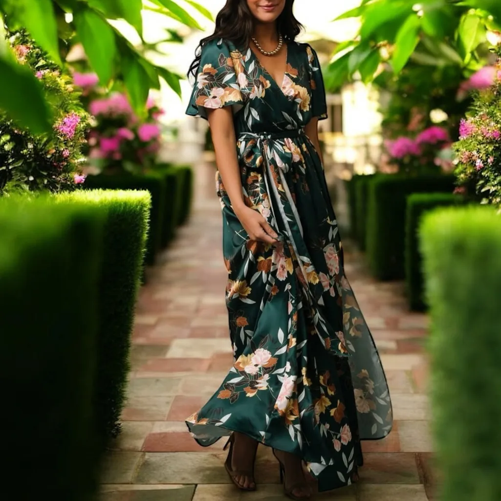 NWT Baltic Born Sicily Satin Floral
Maxi Dress M Dark
Green Wrap V-Neck - Image 2