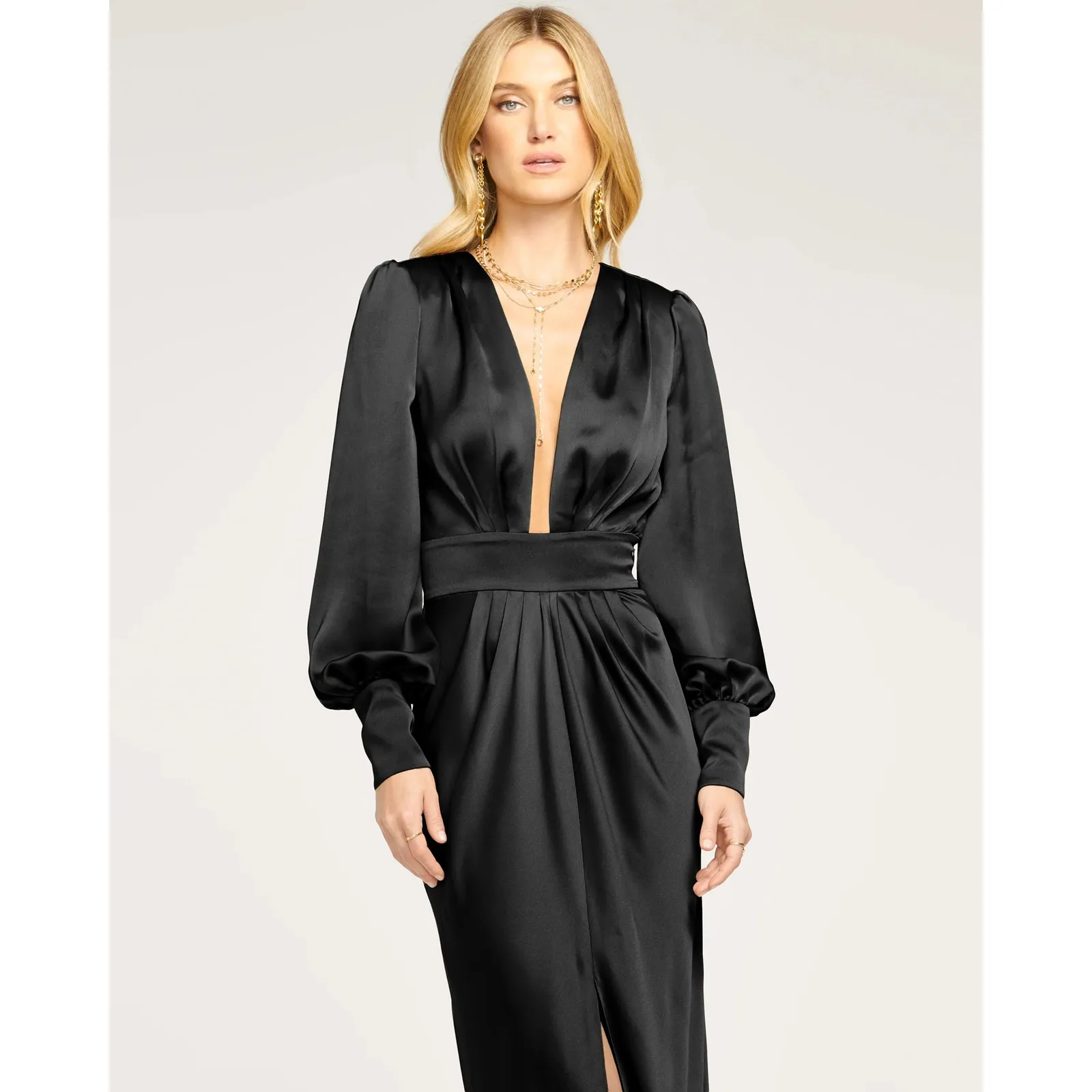 NEW Ramy Brook Madelane Black Satin Plunging Floor-Length Blouson-Sleeve Gown - Image 6