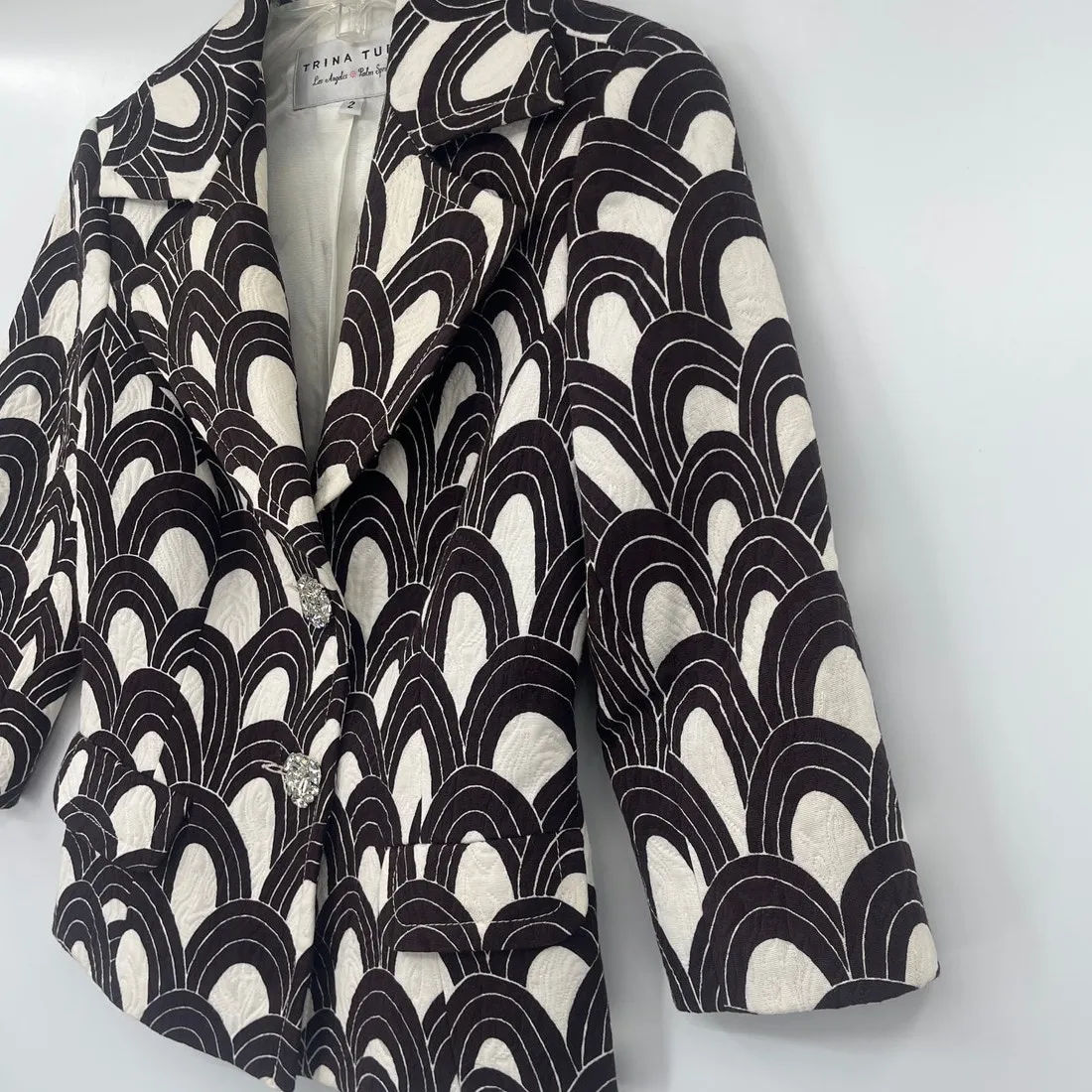 Trina Turk Art Deco Quilted Womens Blazer Sz 2 Jewel Retro Y2K Glam Brown Crop - Image 8