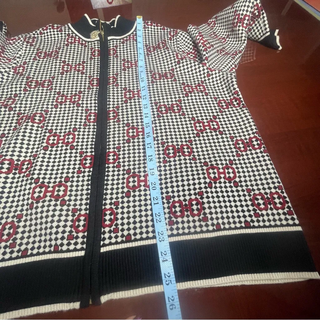 Anne Klein Jacquard chain detail houndstooth full-zip grandpa cardigan Sz XL - Image 7