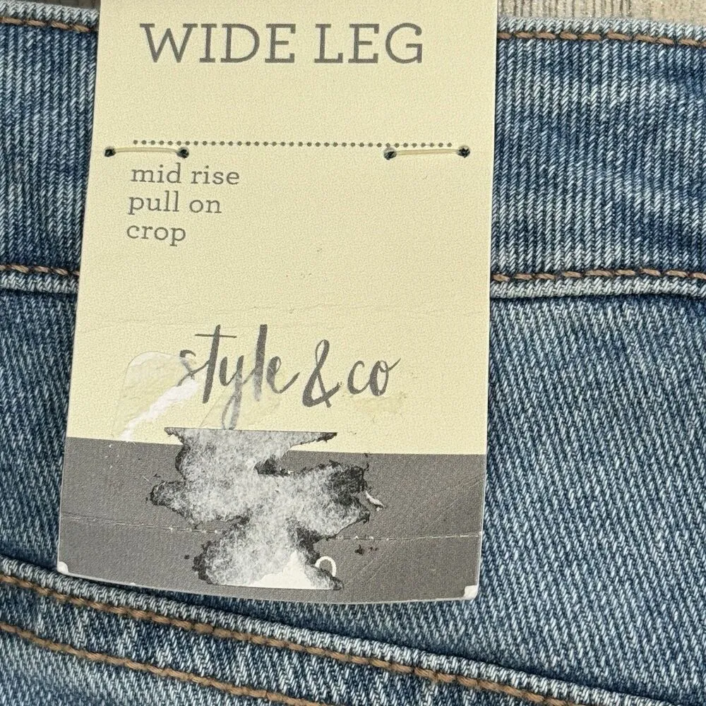 Style & Co SZ 12 Wide Crop Jeans Mid-Rise Stretch Pockets Light Wash Blue New - Image 6