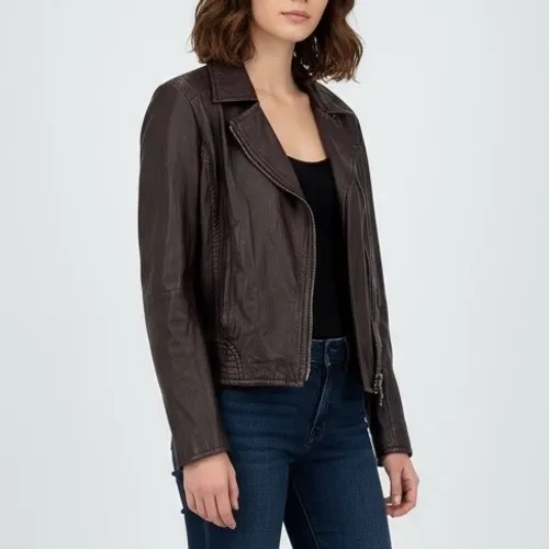 Weekend Max Mara Womens Leather Moto Jacket Burgundy Asymmetrical Zip Moto Style Brown Size 6 - Image 7