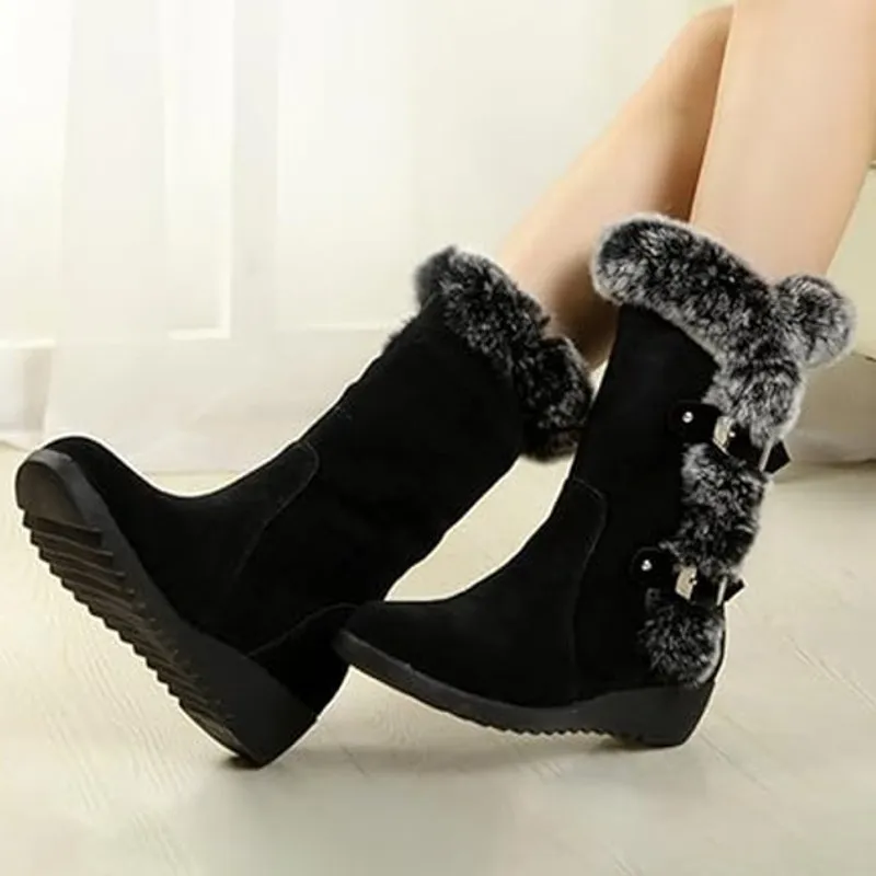 BRAND NEW ~ Women's Mid Calf Black Suede Fur Lined Waterproof Snow Boots ~ 8 1/2 Size 8.5 - Image 3