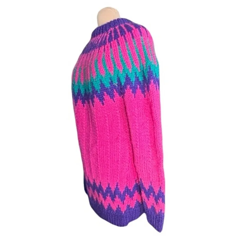 Vintage Handmade Greek Wool Fair Isle Sweater Dress Chunky Knit XL Pink Purple - Image 4