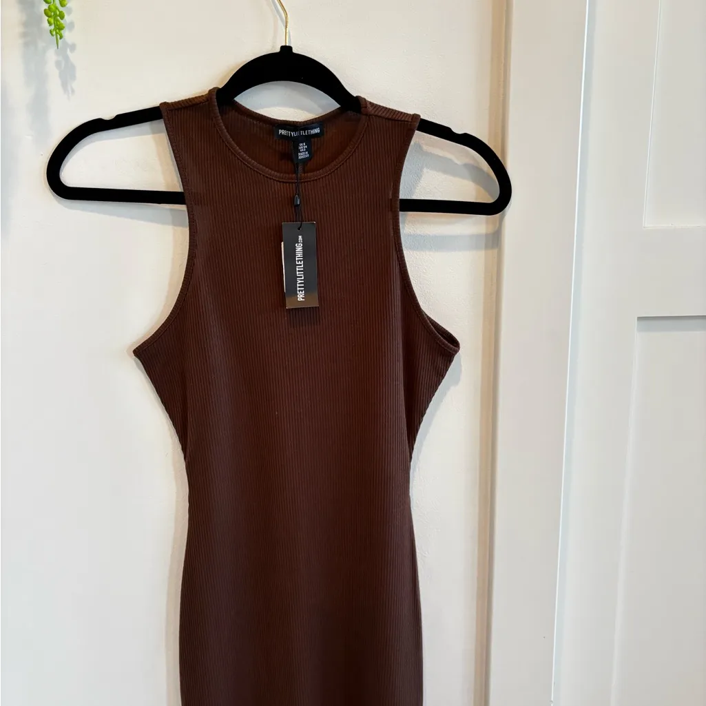 PrettyLittleThing Chocolate Brown Ribbed Racer Back Midi Dress NWT Size US 2 - Image 3