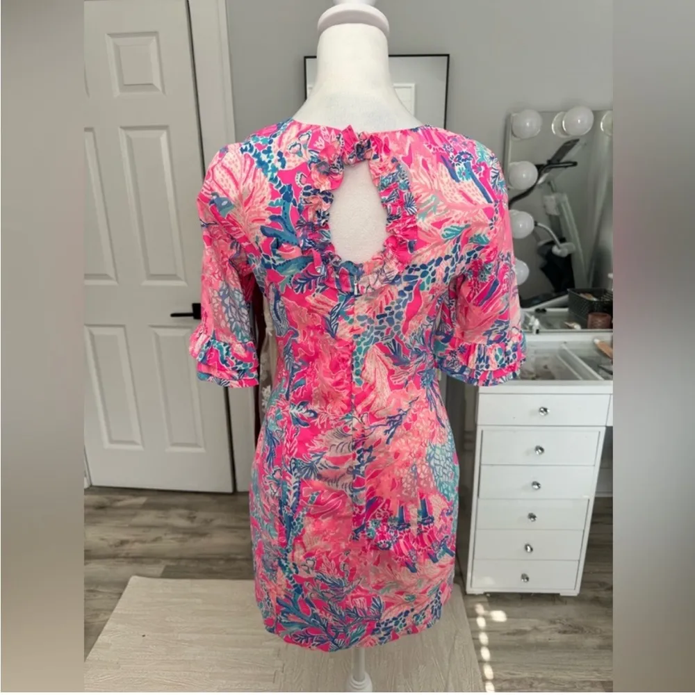 Lilly Pulitzer Fiesta Stretch Dress 00 Pink Aquadesiac Ruffle Sleeve Mini Summer - Image 14