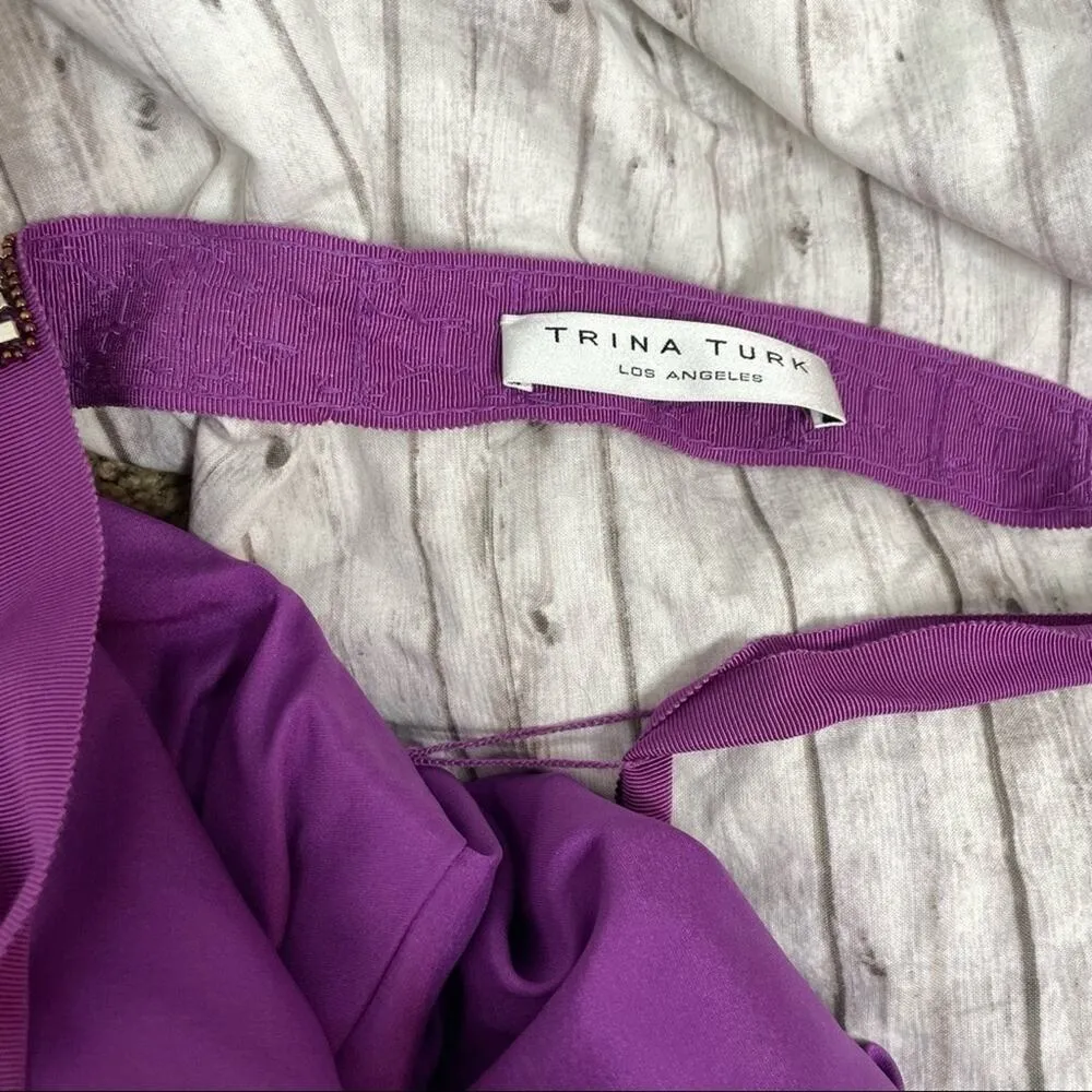 TRINA TURK Silk Dress Womens Size 8 One Shoulder Beaded Belted Mini Party Purple - Image 9