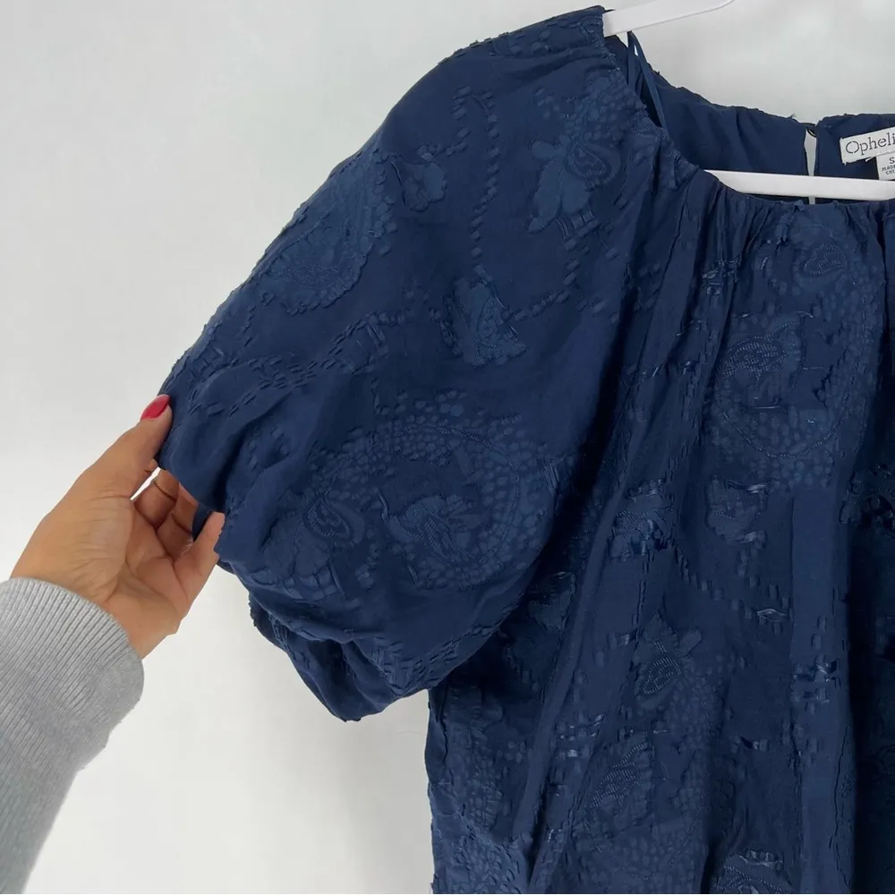 Ophelia Roe Navy Textured Floral‎ Paisley Puff Sleeve Cropped Blouson Top - Image 3