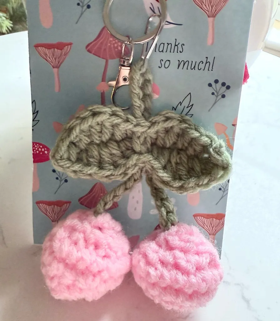 Handmade Crochet Cherry Keychain Pink Green Fruit Bag Charm Accessory - Image 1