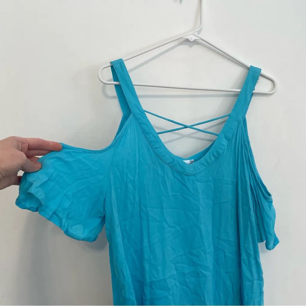 VENUS Strappy Detail V-Neck Top Turquoise Blue Cold Shoulder Short Sleeve Boho - Image 5