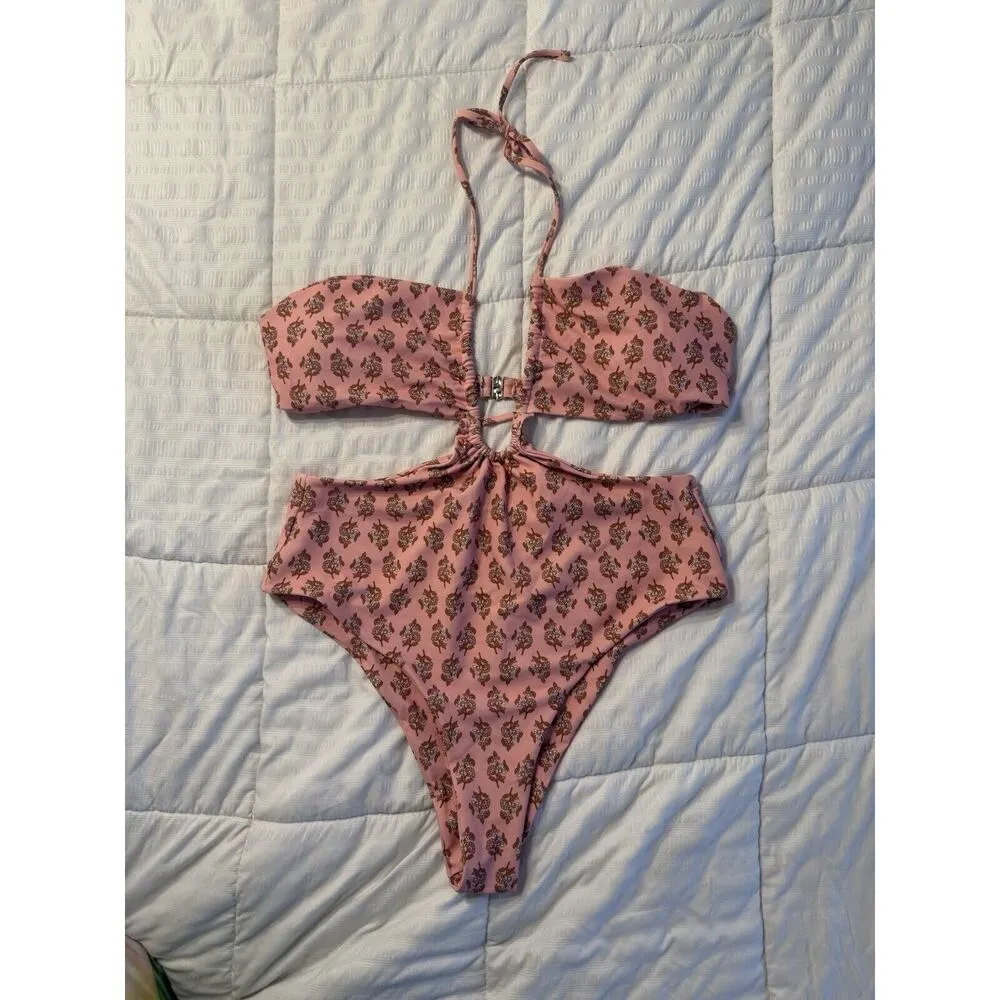 Floral Print Women's Bathing Suit with Skirt Sarong Beachwear High Waist Pink XL - Image 2