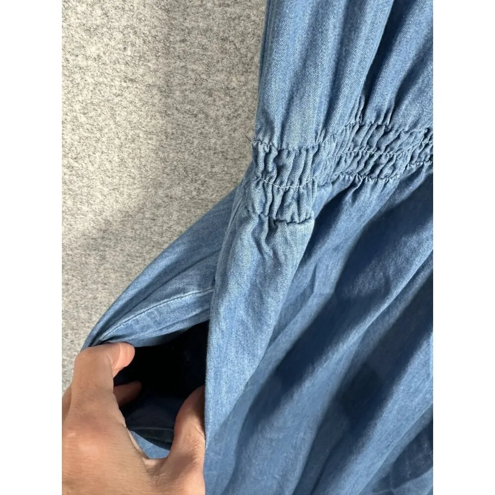 GAP Large Womens Dress Puff Sleeve Denim Midi V-Neck 100% Cotton Medium Wash - Image 4