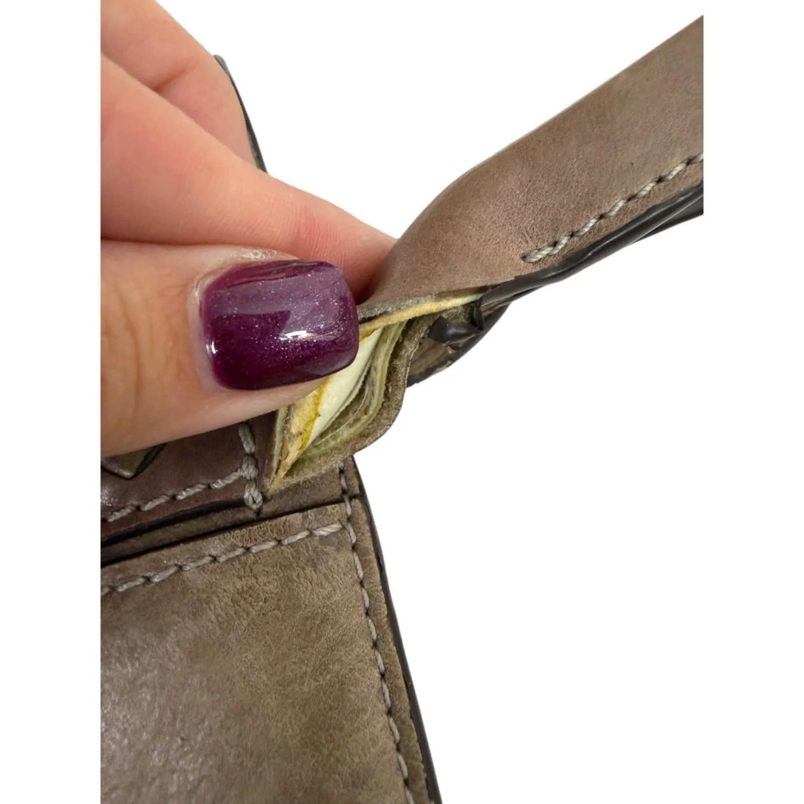 Frye Reed Magnetic Snap Distressed Rustic Leather Hobo Bag Brown Beige READ - Image 3