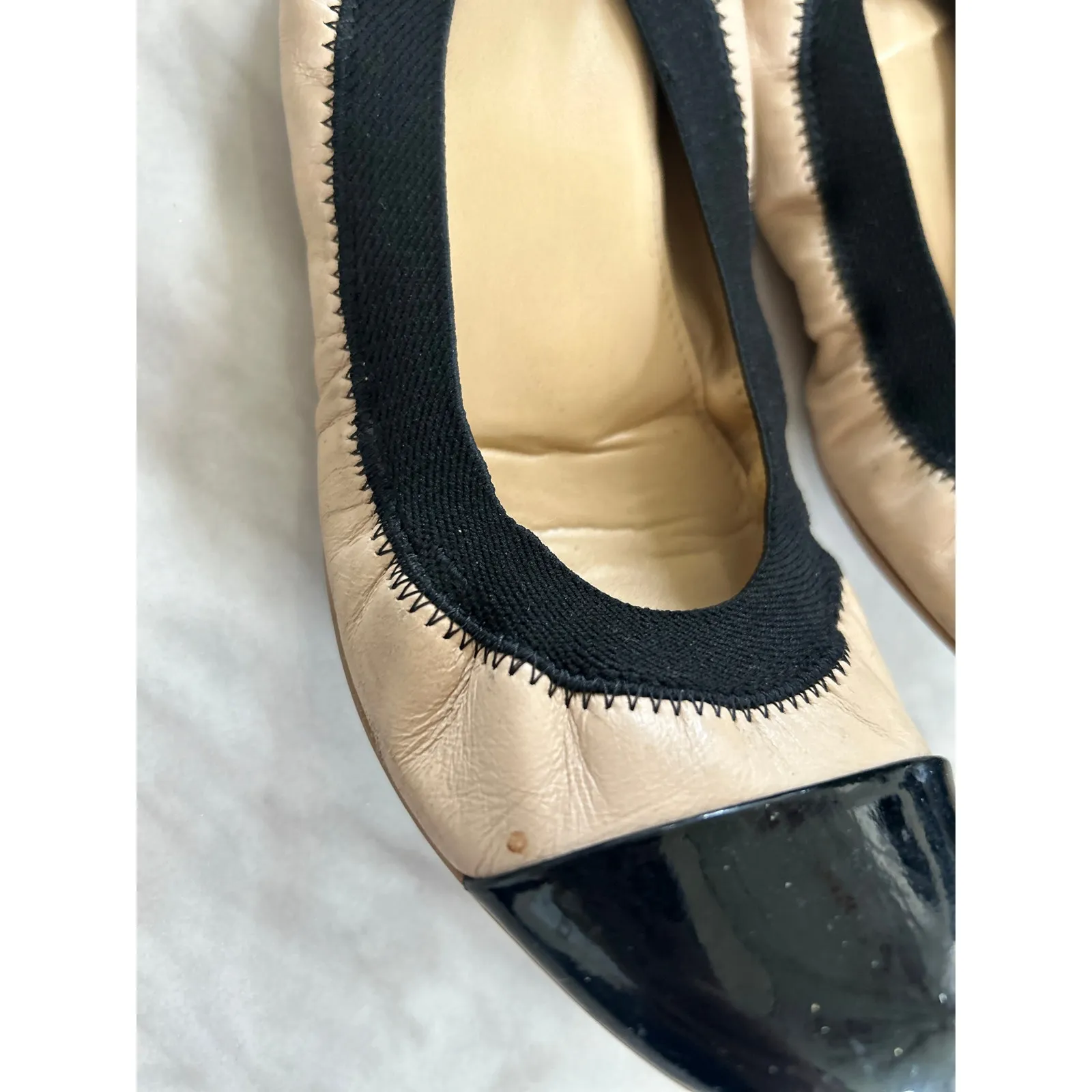 J.Crew Nude Leather Black Trim Cap Toe Slip On Elastic Flats - Image 3