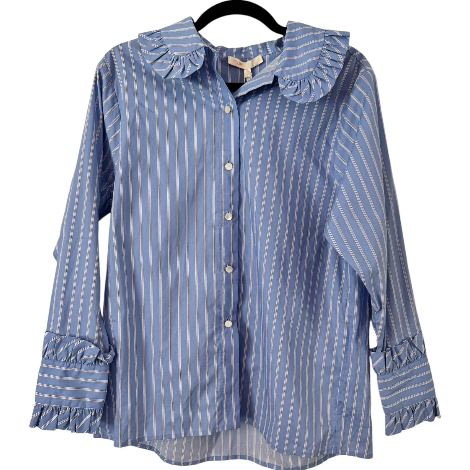 Maje NWT  Calia Blue Stripe Long Sleeve Button Front Ruffle Blouse Top Large (3) - Image 2