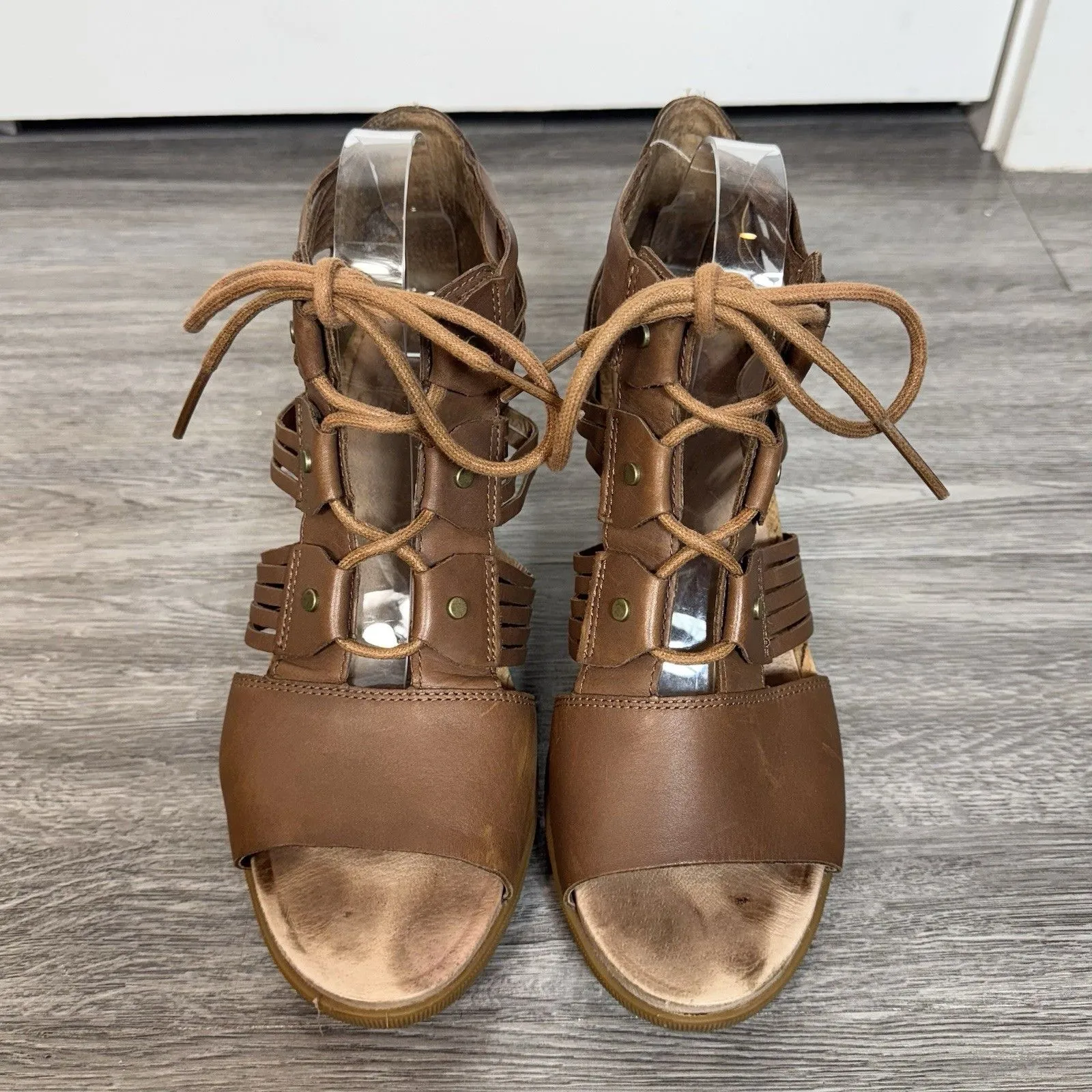 Sorel Joanie II Lace Huarache Wedge Sandal Size 10.5 Brown Leather Strappy - Image 5