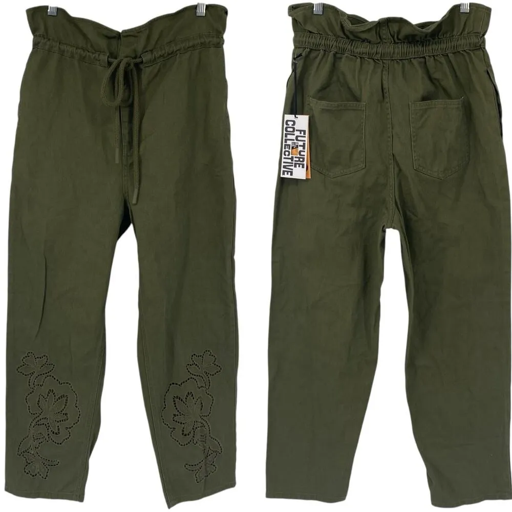 NEW FUTURE COLLECTIVE High Waisted Eyelet Pants Olive Green Size 00 Drawstring - Image 4
