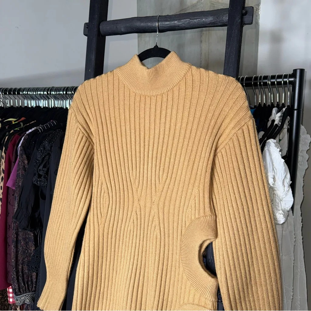 David Koma Camel Side Cutout Ribbed Knit Mini Dress Tan Size M - Image 6