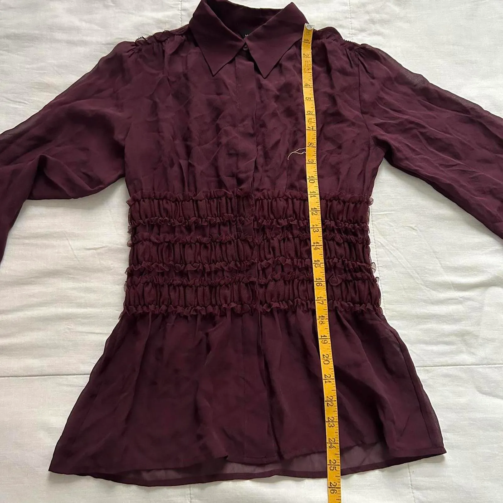 Moda international sheer silk Burgundy Y2K ruffle waist blouse long sleeves Red Size XS - Image 8