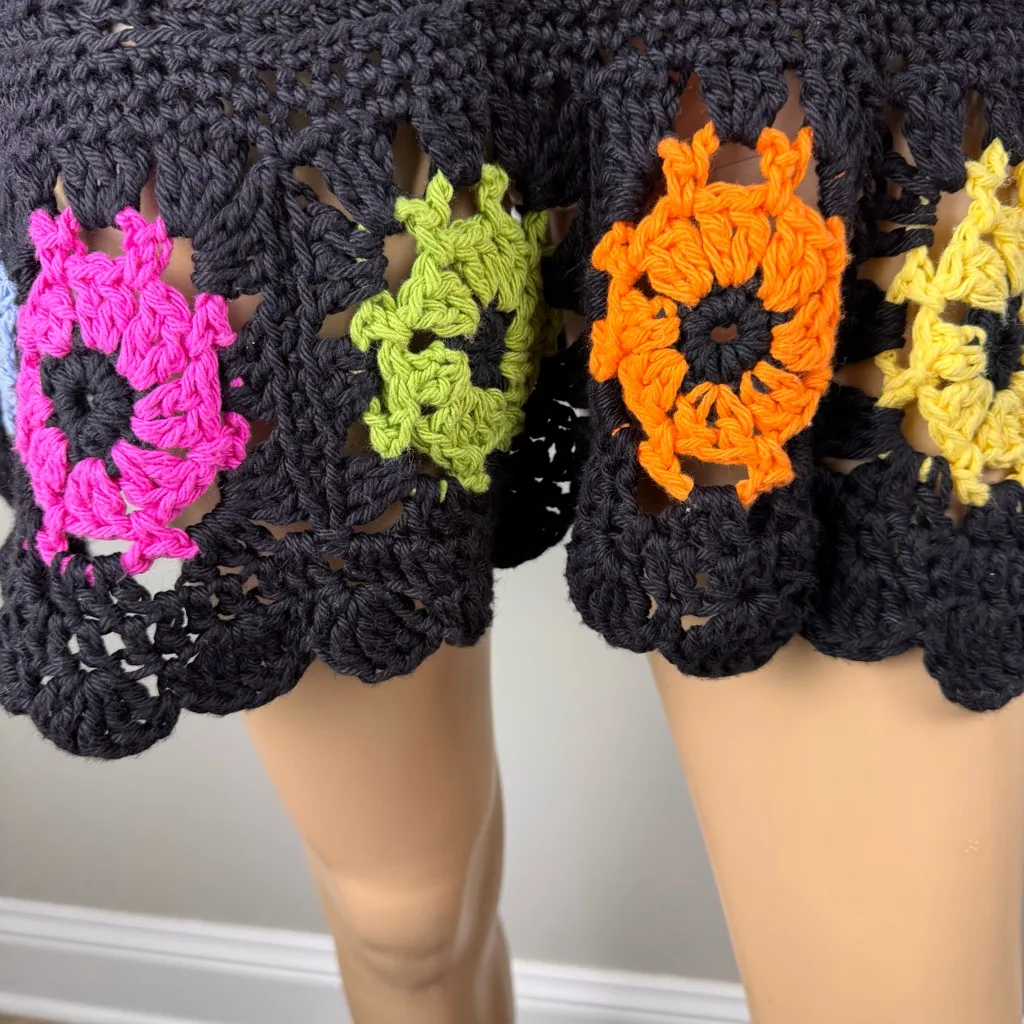 hand made blouse crochet For Women's‎ Size M/L Short Sleeve Colorful Boho Fairy Black Size M - Image 5